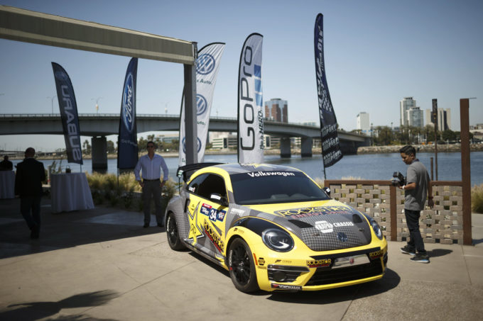Tanner Foust's Volkswagen Beetle at the 2015 Red Bull GRC Media Event in Long Beach, California, on 16 April, 2015 // Larry Chen / Red Bull Content Pool // P-20150422-00258 // Usage for editorial use only // Please go to www.redbullcontentpool.com for further information. //
