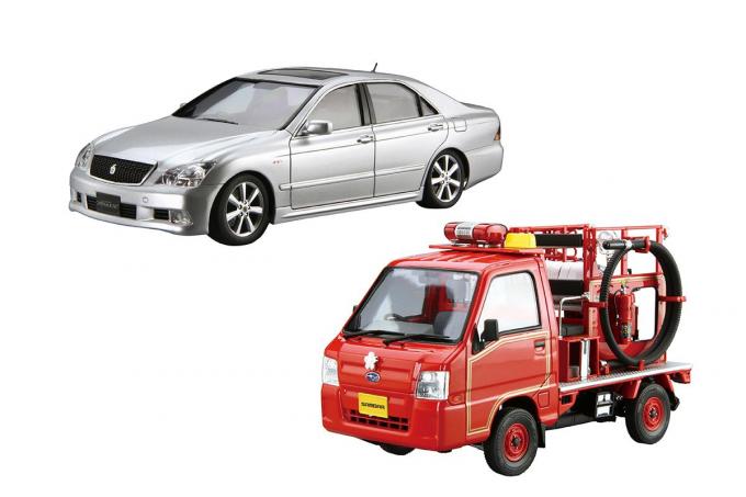 アオシマの新作はトヨタ・クラウンと消防車仕様のスバル・サンバー！　1/24スケールで間もなく発売