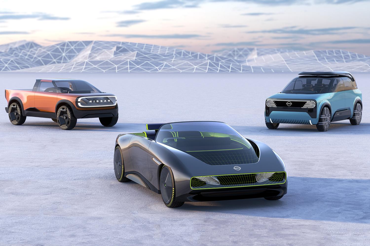 日産アンビション2030で発表されたEVコンセプトカー3台の集合イメージ