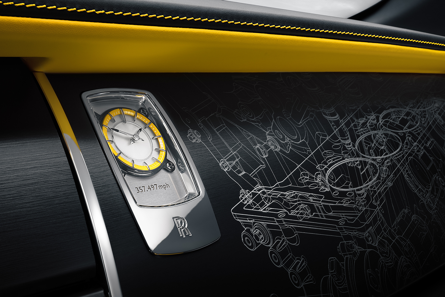 ロールス・ロイス ブラックバッジ レイス ブラックアローのインテリアパネルの時計とエンジンの絵 〜 画像21