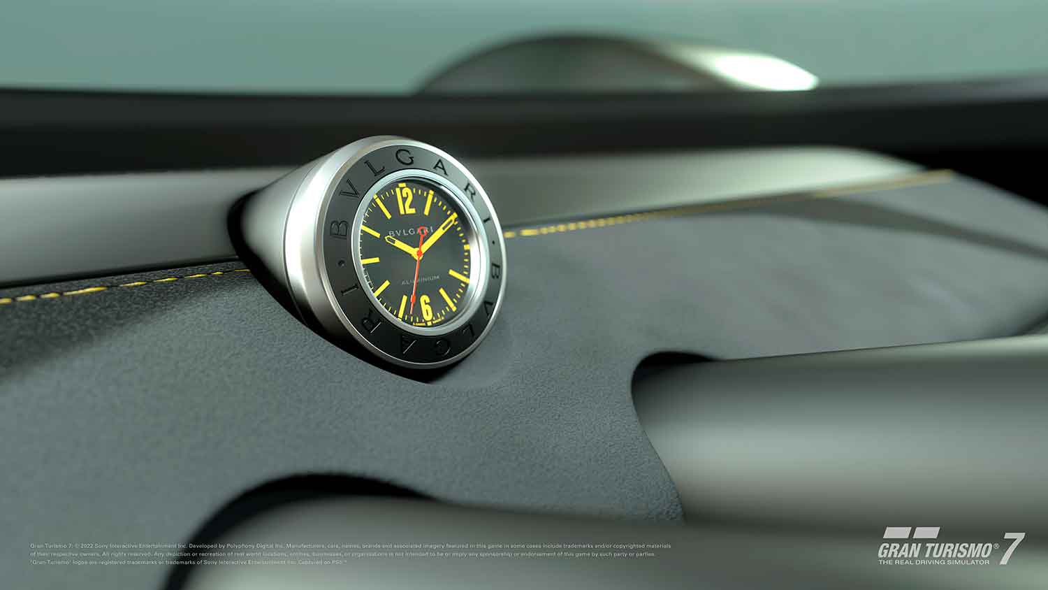 「ブルガリ・アルミニウム・ビジョン・グランツーリスモ」のインテリアに設置されたブルガリの時計